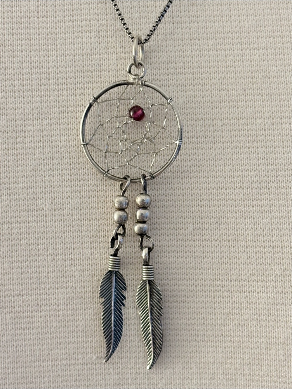 Silver Dreamcatcher Pendant with Feather Charms, Garnet Bead